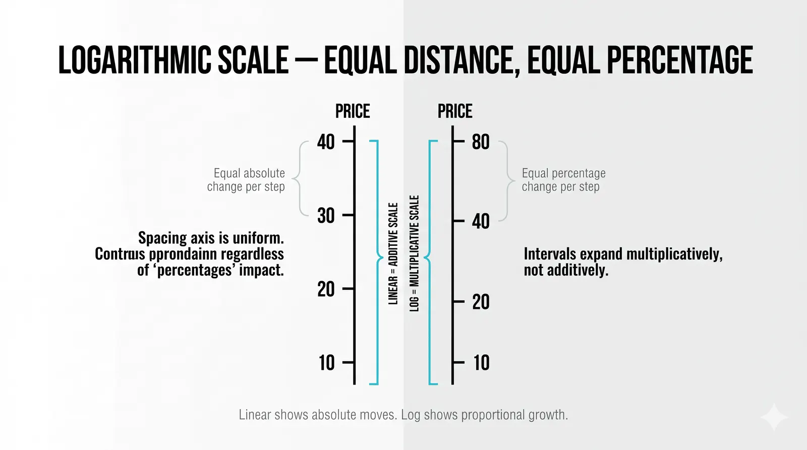 On a linear scale, ten dollars takes equal height anywhere on the chart