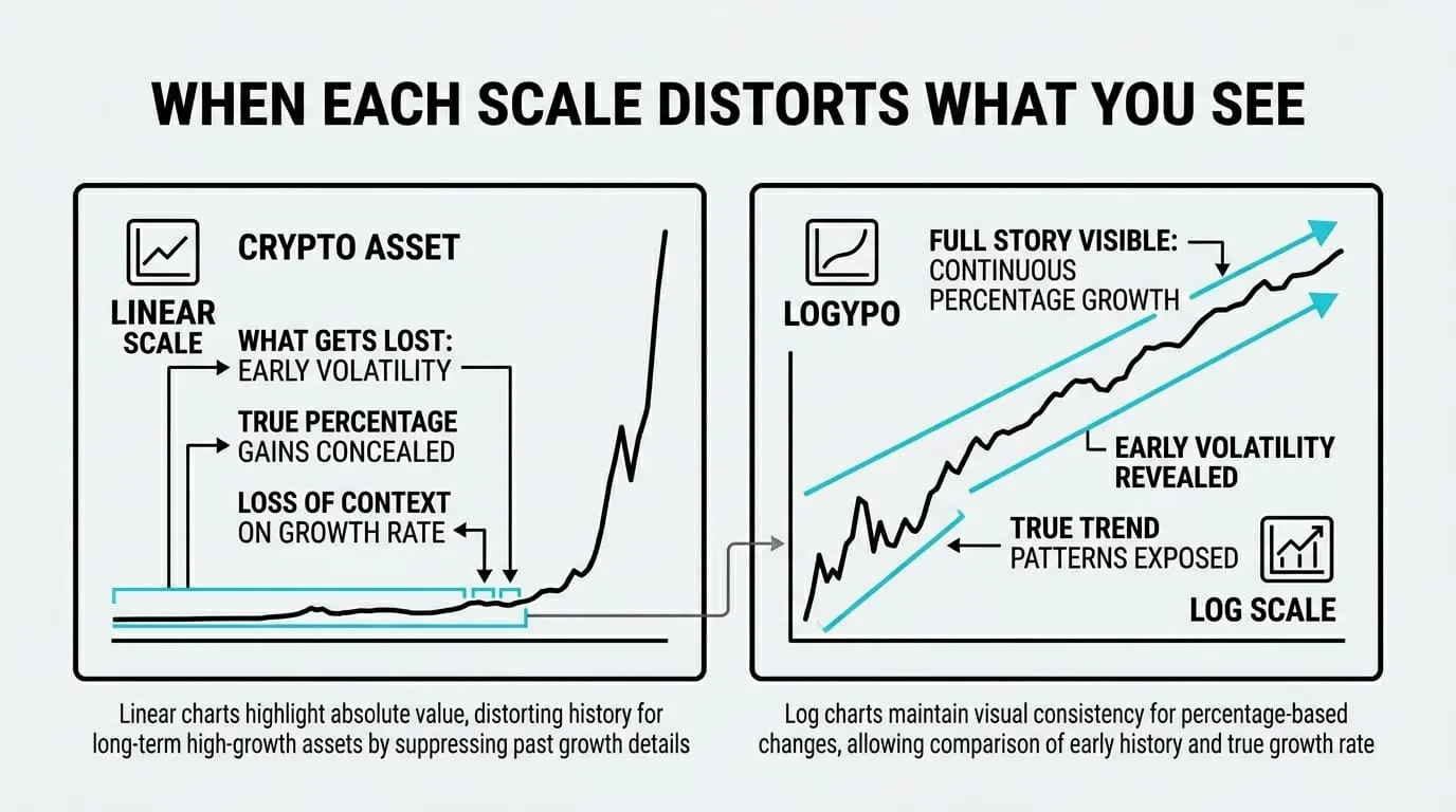 A long uptrend looking calm on log scale and parabolic on linear