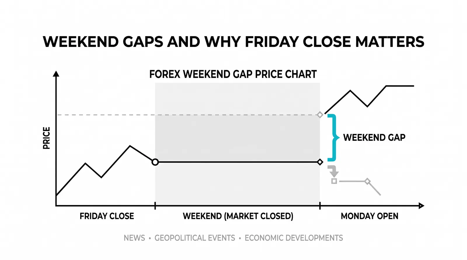 Friday's close and Monday's open at different levels, leaving a weekend gap
