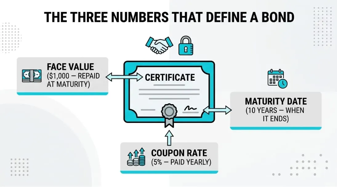 A bond contract listing its principal, coupon, and maturity date