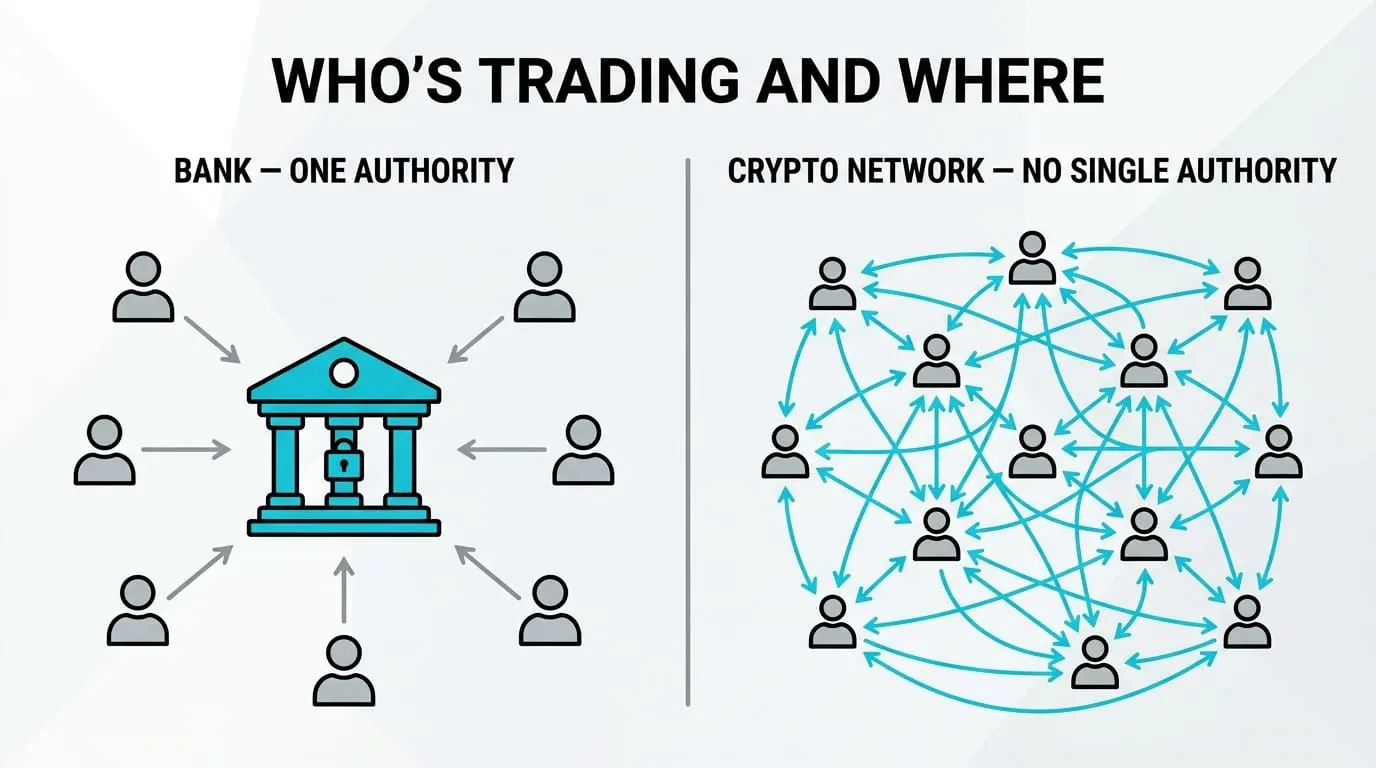 A crypto exchange trading screen beside a hardware wallet holding private keys