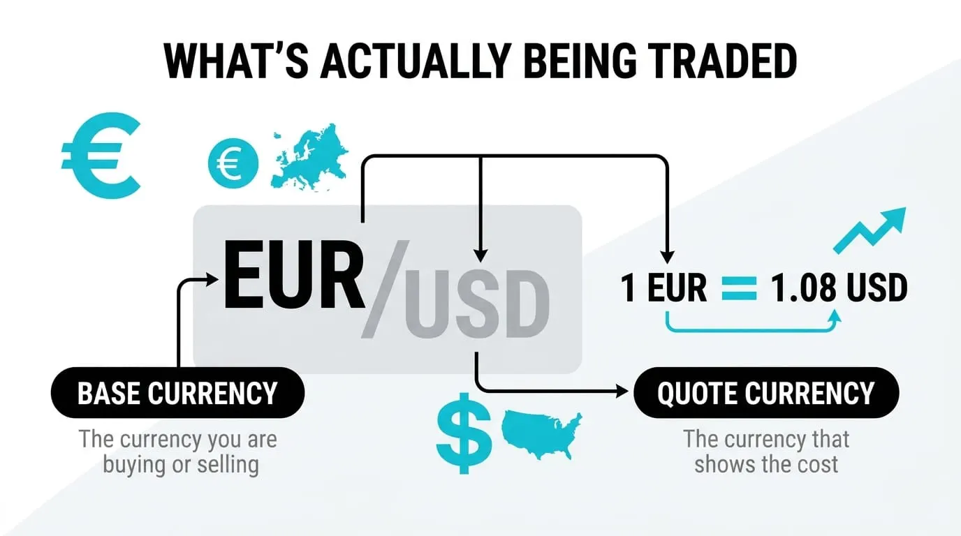 Two currencies facing each other across an exchange rate chart, illustrating a currency pair