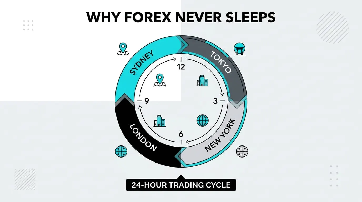 Global forex trading sessions handing off across world time zones