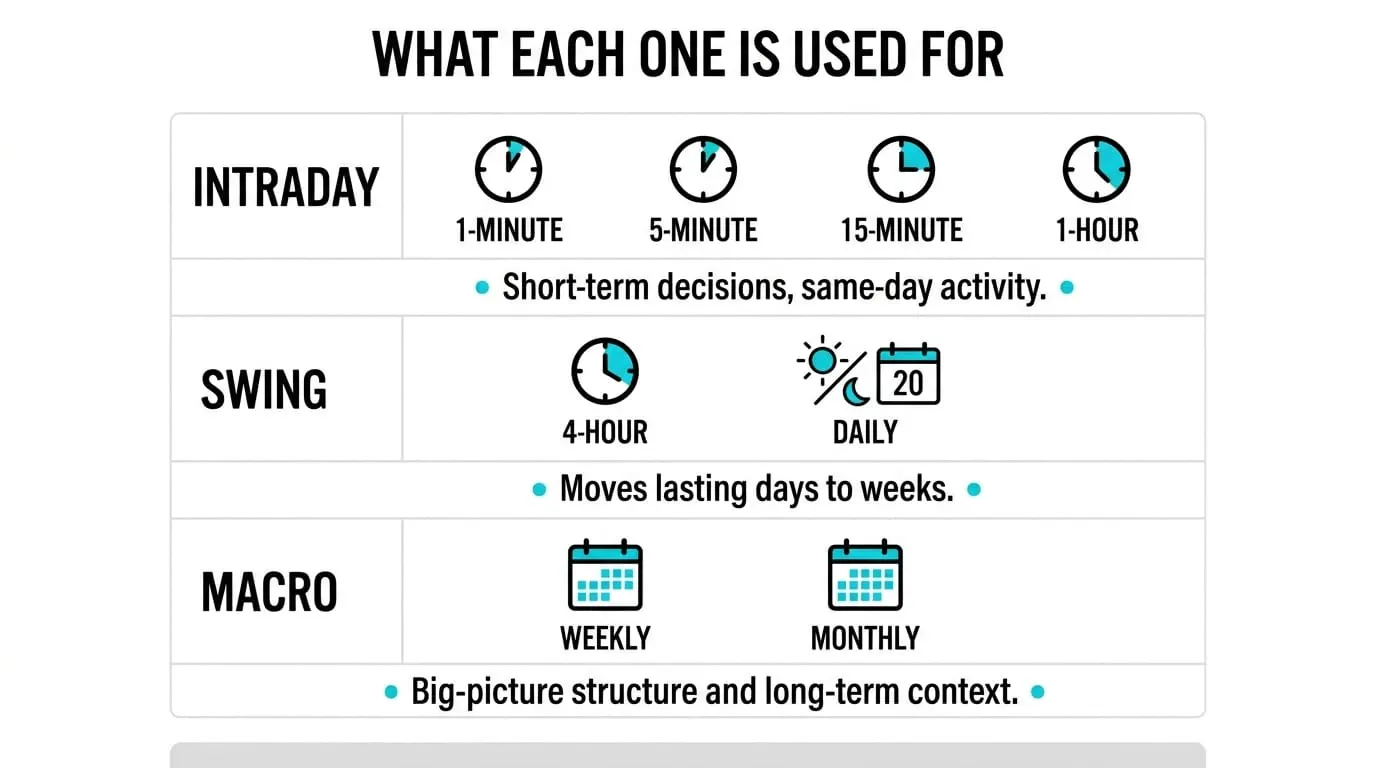 From monthly to 1-minute: who uses each timeframe