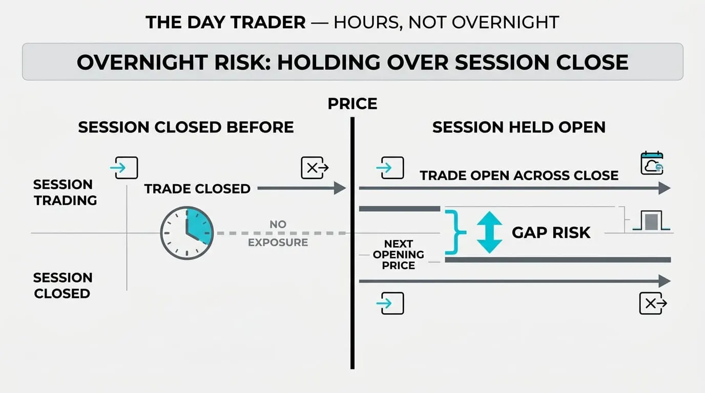A day trader working a fixed session window with no overnight positions