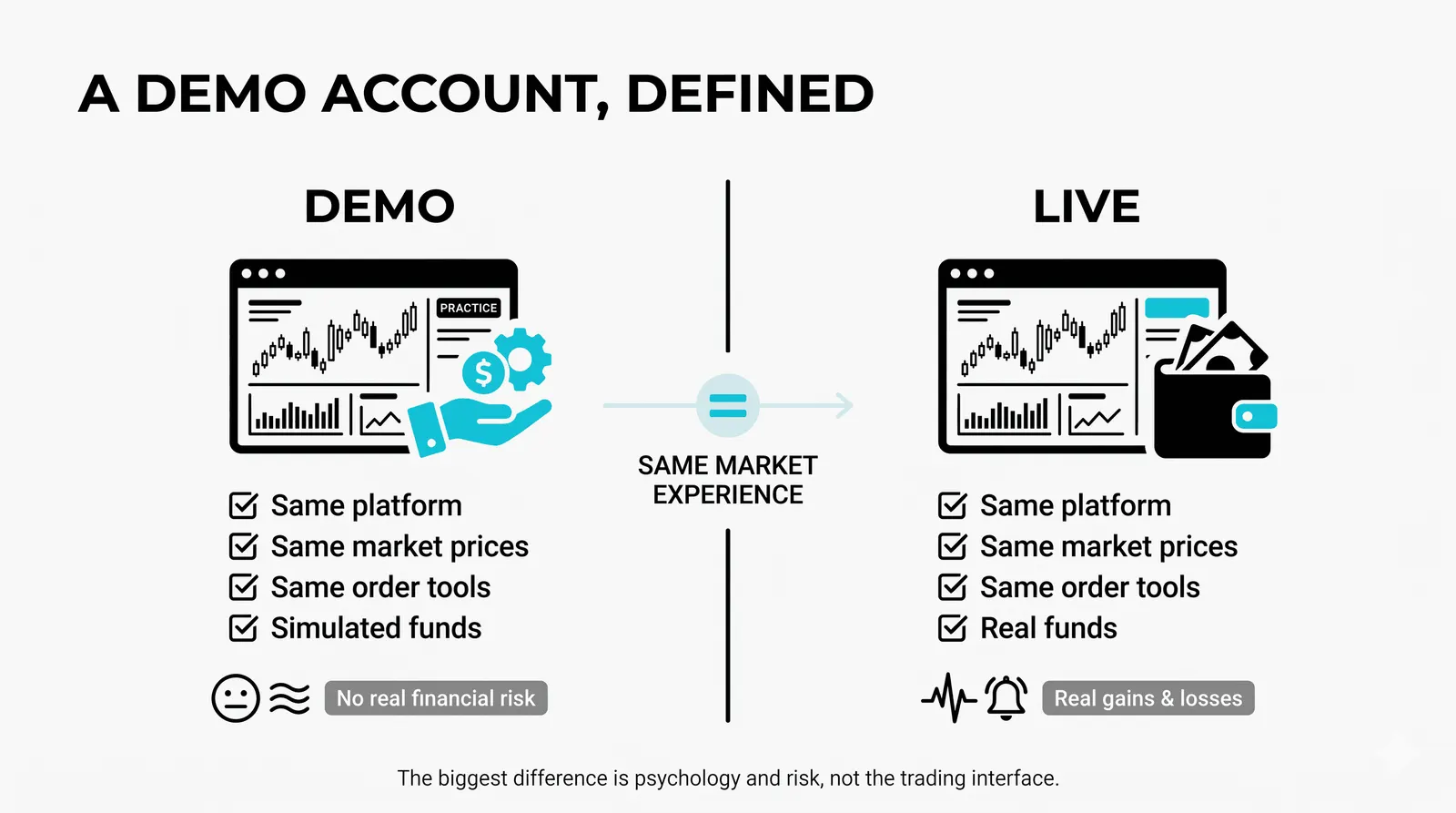 A practice trading account with virtual balance on a real charting screen