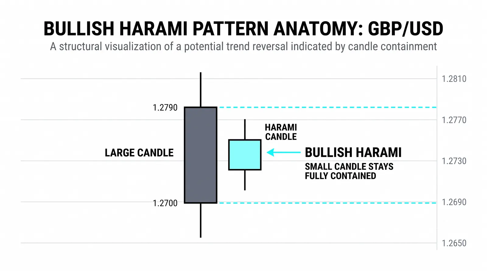 An engulfing pattern, candle by candle