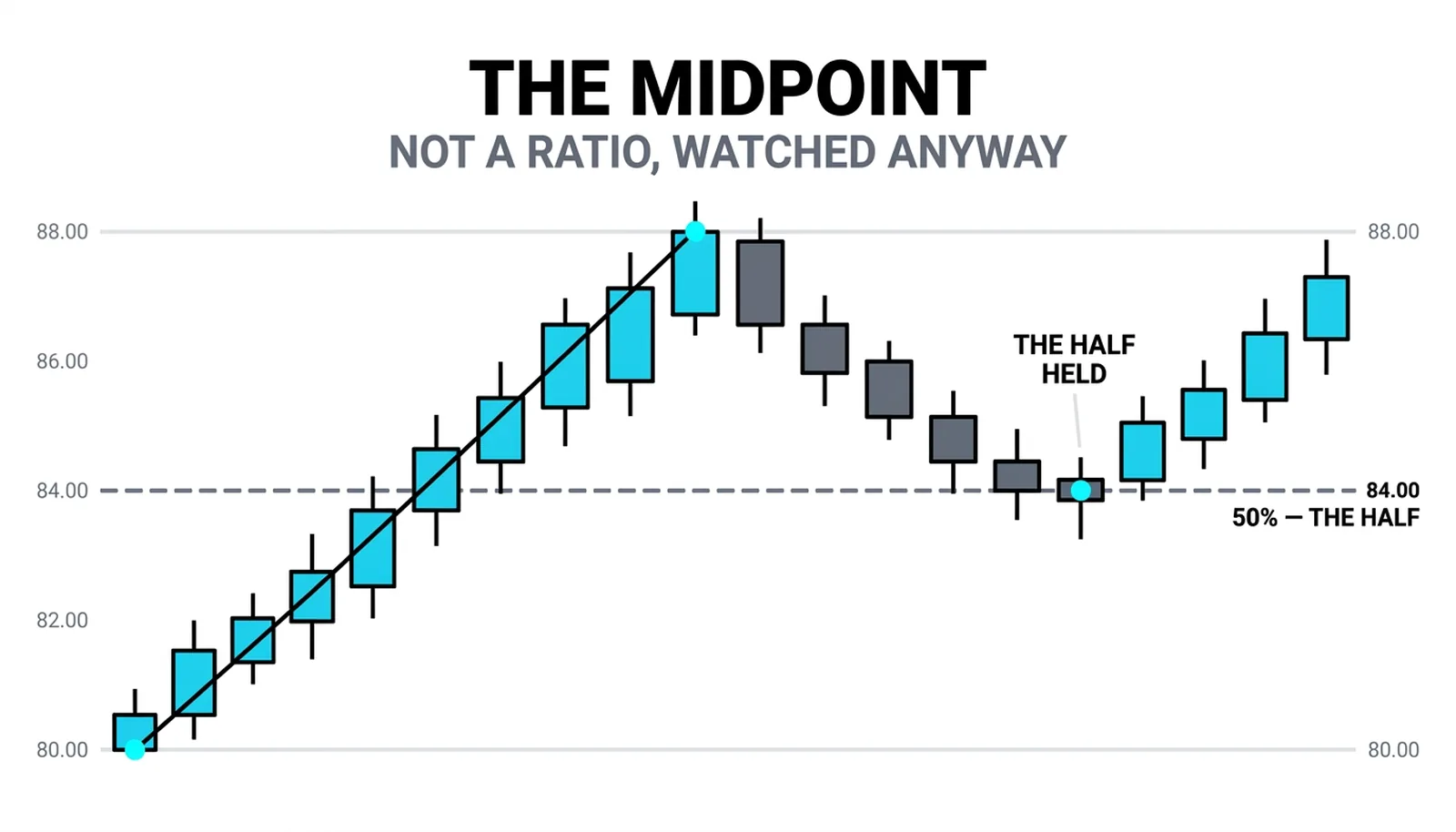 Rising leg with its exact halfway line marked and a pullback turning on it, half the leg surrendered as natural reference