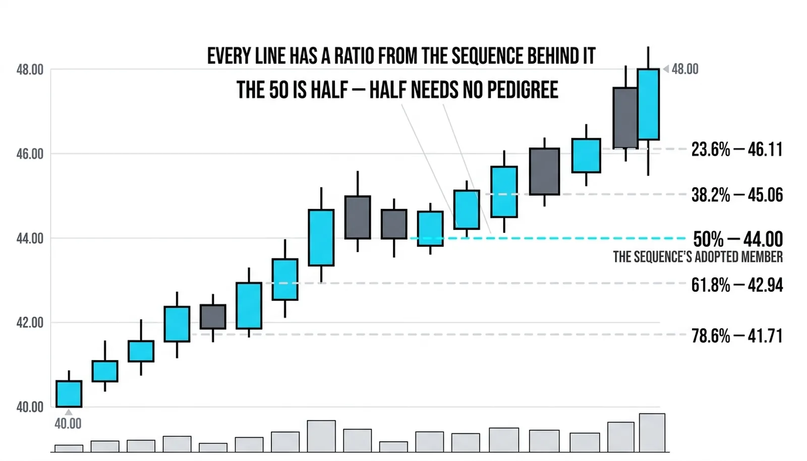 Full retracement family on a 40.00 to 48.00 leg with the 50 percent at 44.00 marked as the adopted member