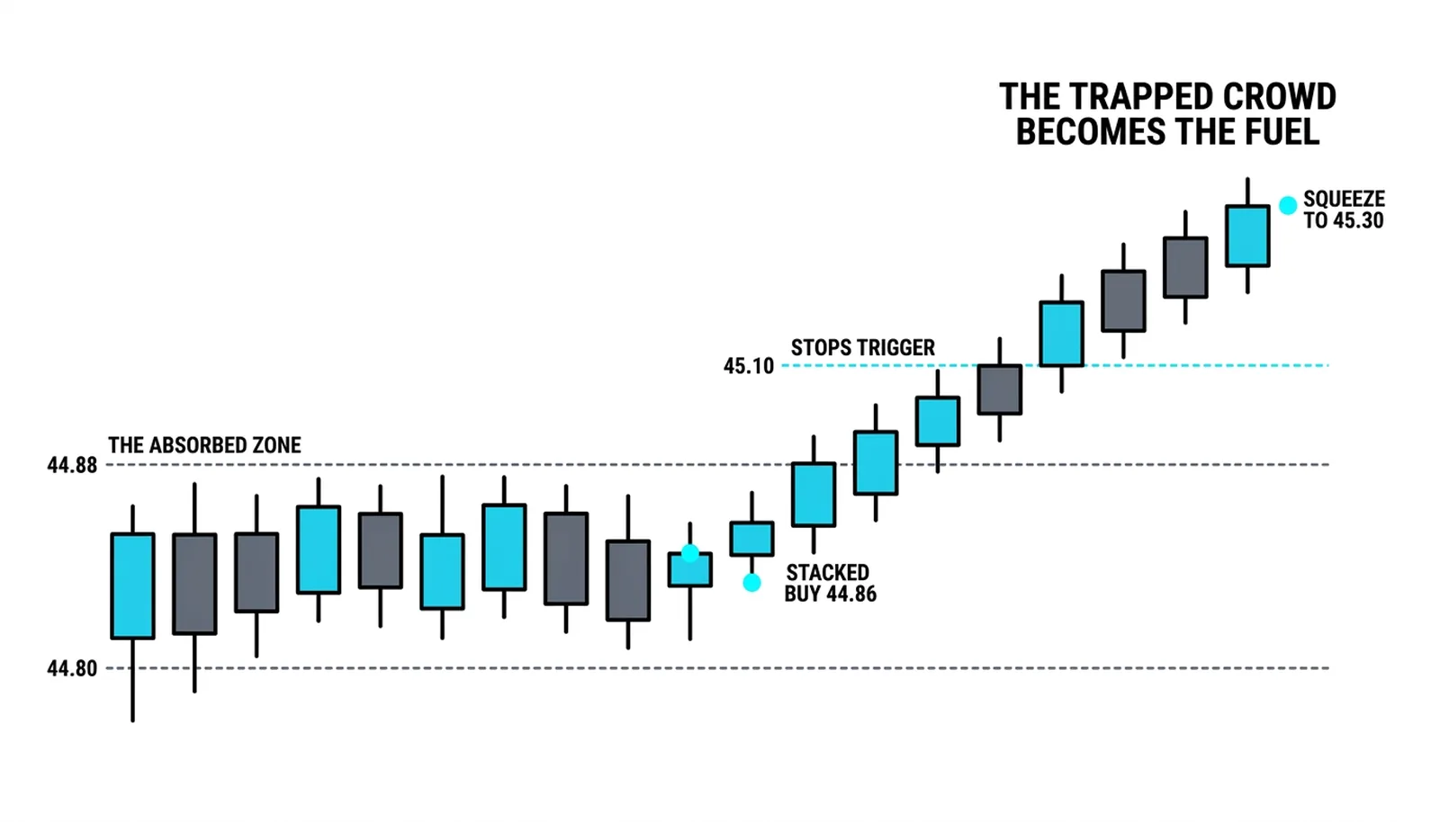 The resolution: stacked buy at 44.86, lift through 45.10, squeeze to 45.30
