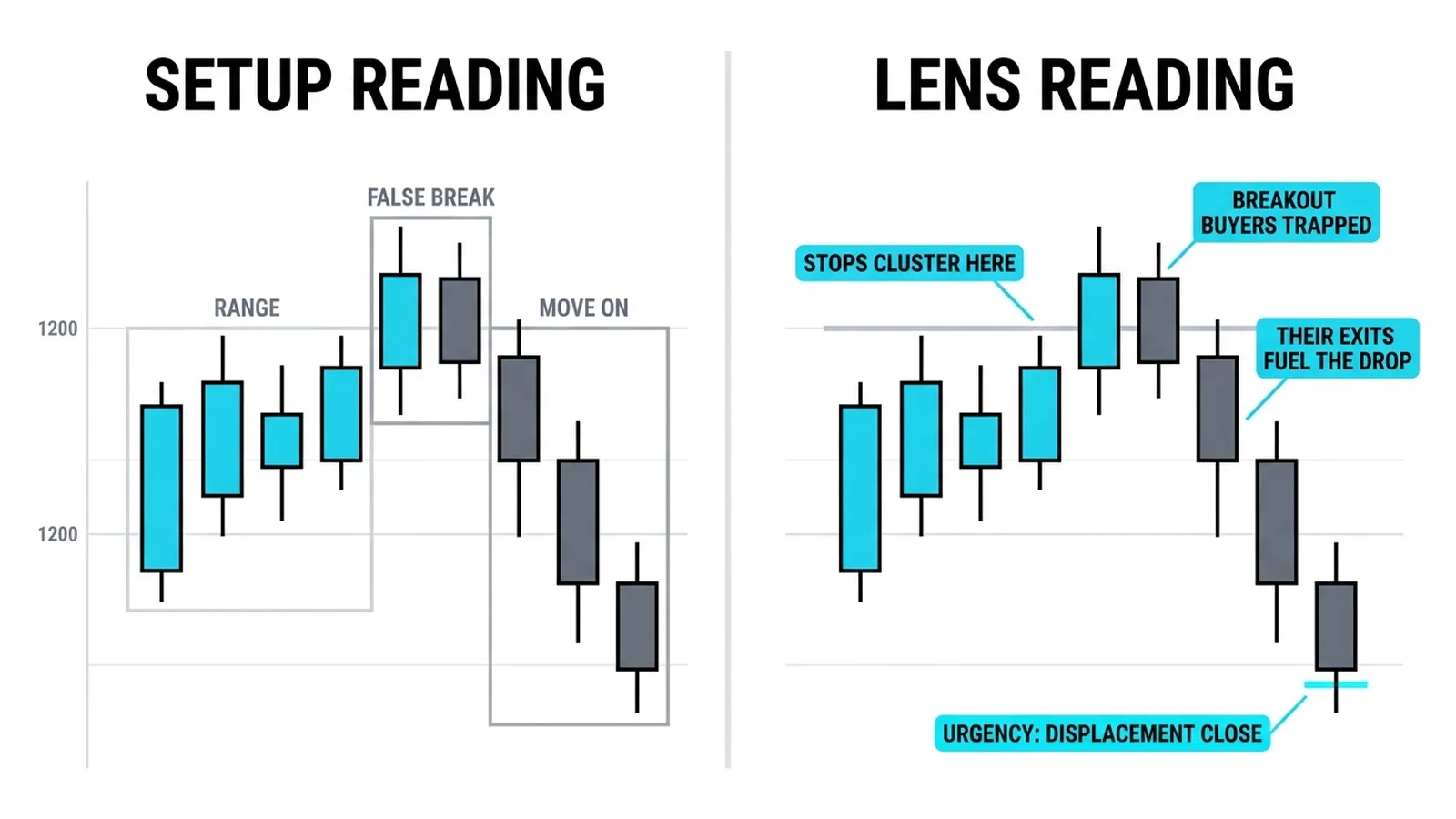 The same breakout on two panels: the retail trader buys 1.1005 and is stopped at 1.0980, the large trader accumulated 1.0950 to 1.0970 sells into the burst at 1.1010