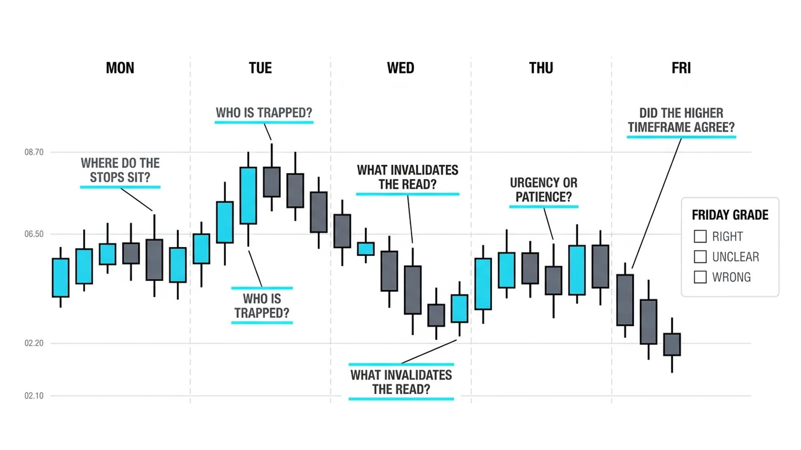One graded week: five pre-trade questions tagged on the exact candles that answered them, closing with the Friday grade