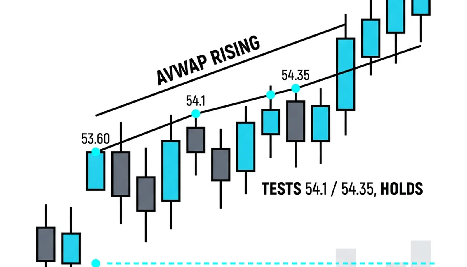 The anchor at 52.30, the first trade of the earnings gap: the rising AVWAP is tested at 54.10 and again at 54.35, holds both times on shrinking volume, and the buyers defend their line