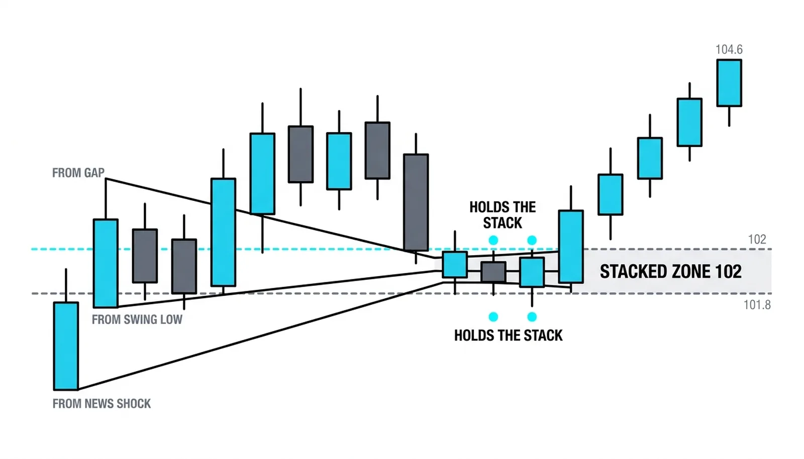 Stacked anchors: AVWAPs from an earnings gap, a swing low, and a news shock converging into one 102-zone, the decision area where several timeframes of participation share the same level