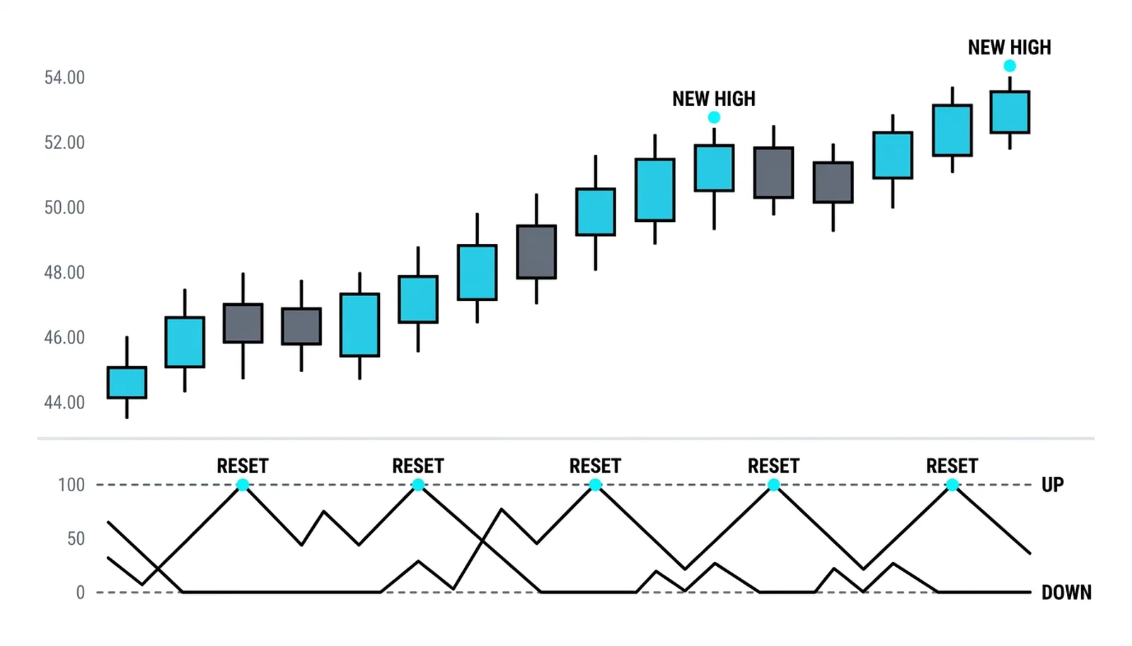 The rally's fresh highs resetting Aroon Up to 100 while Down sits at the floor
