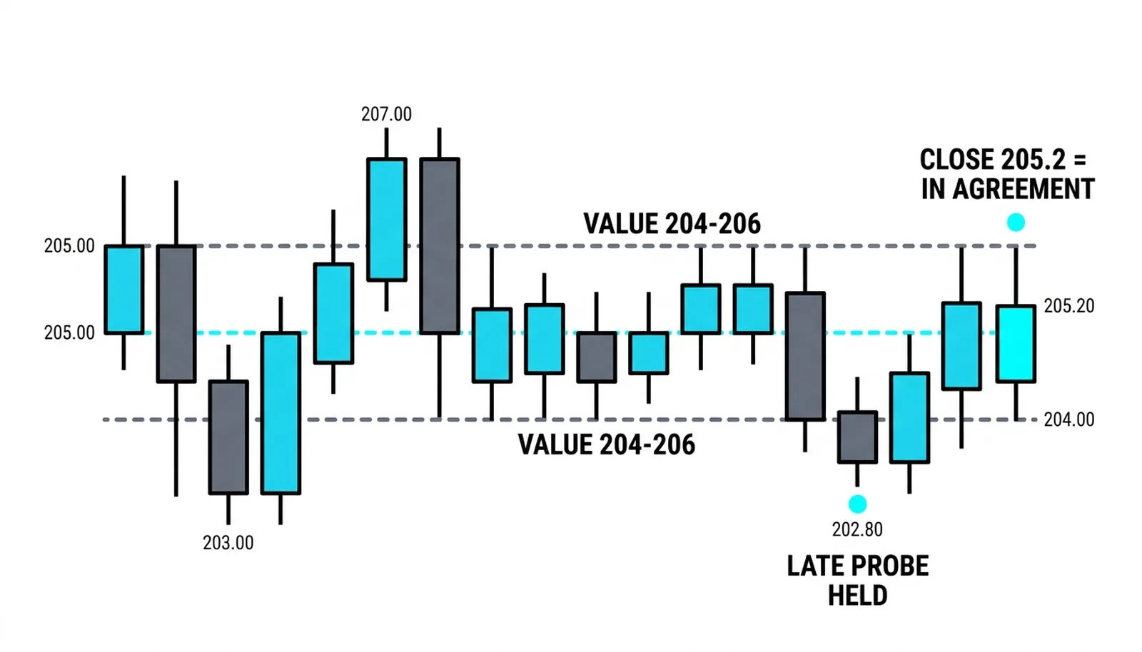 One session: rejected probes, the 204-206 value band, the late probe that held