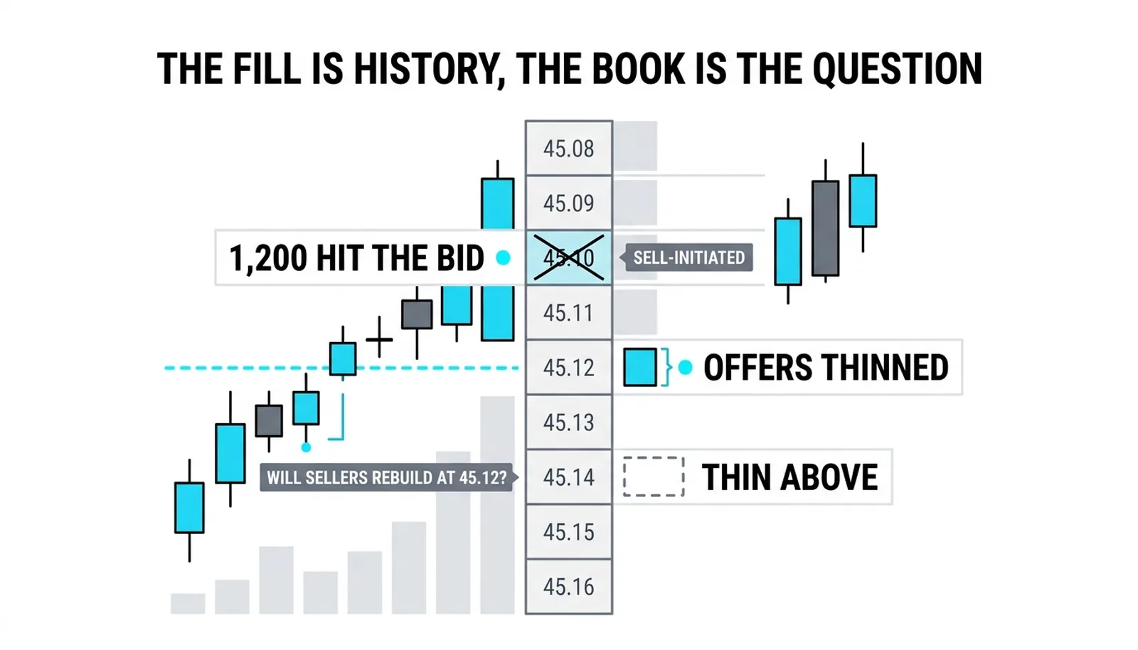Hit on the bid: 1,200 shares sell-initiated at 45.10, offers thinned above, the rebuilt book in question