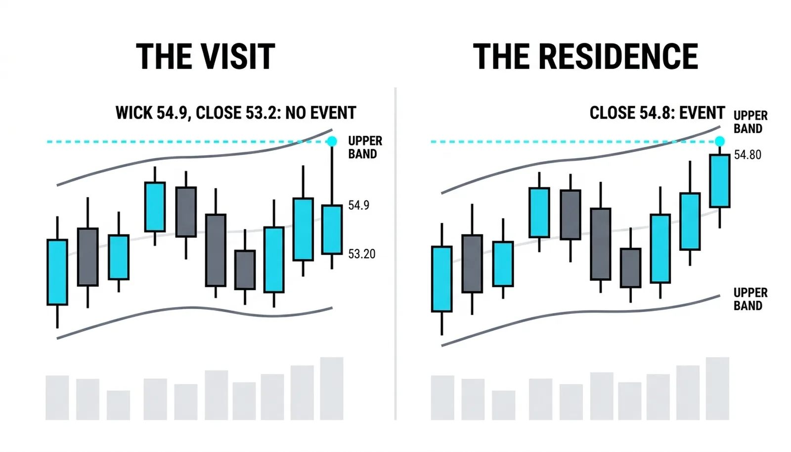 The visit: wick 54.9 closing 53.2 inside, no event; the residence: close 54.8 above the band