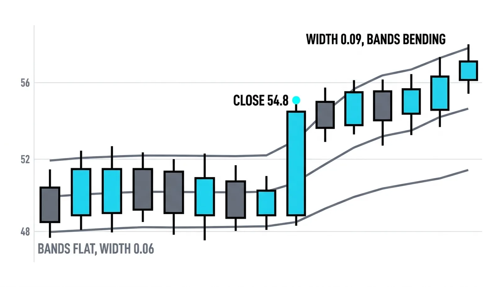 The 54.8 breakout close with width jumping 0.06 to 0.09 and both bands bending upward behind it