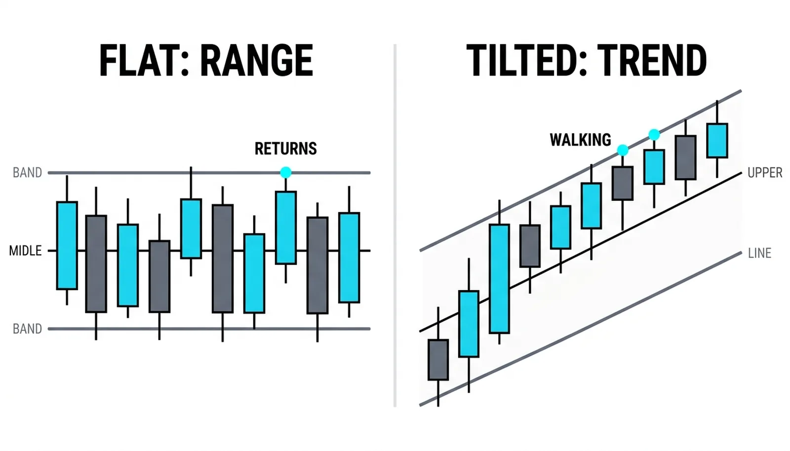 Flat parallel bands with returns past the middle beside a steep climb walked on the upper band