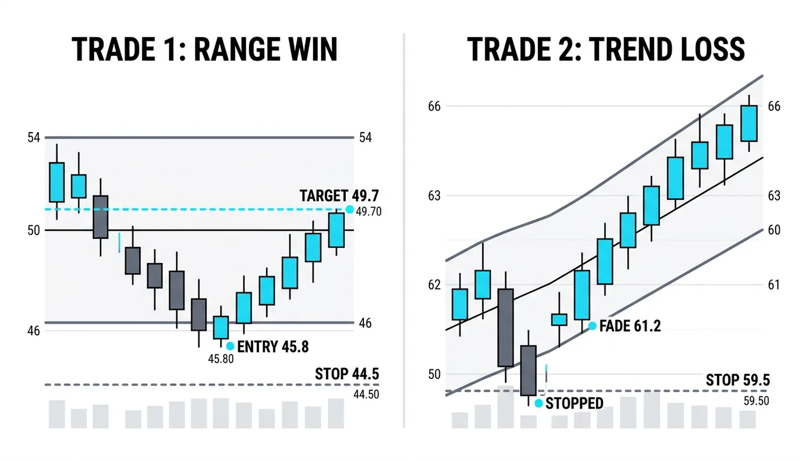 The range win from 45.8 to 49.7 beside the trend fade stopped at 59.5 as price walks to 66