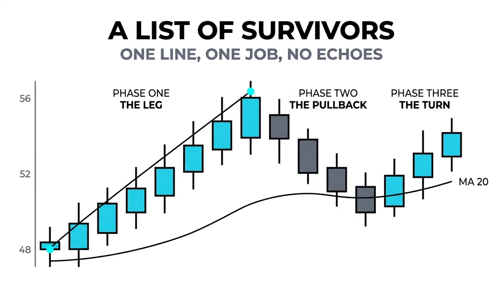 A deliberately minimal chart: trending candles and one moving average doing one job