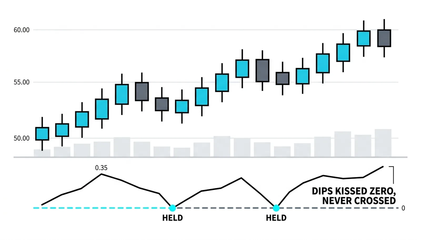 CMF living above zero through the rally, two dips kissing the line and holding