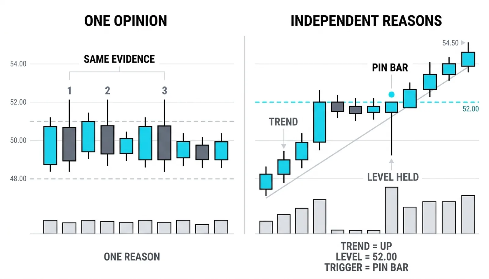 Two panels: three bearish bars inside one range on the left, a pin bar on a breakout shelf after an uptrend leg on the right