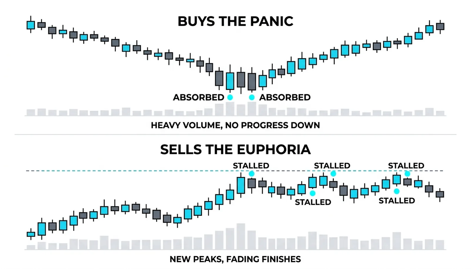 Heavy down bars absorbed at the low beside new peaks stalling at the same ceiling