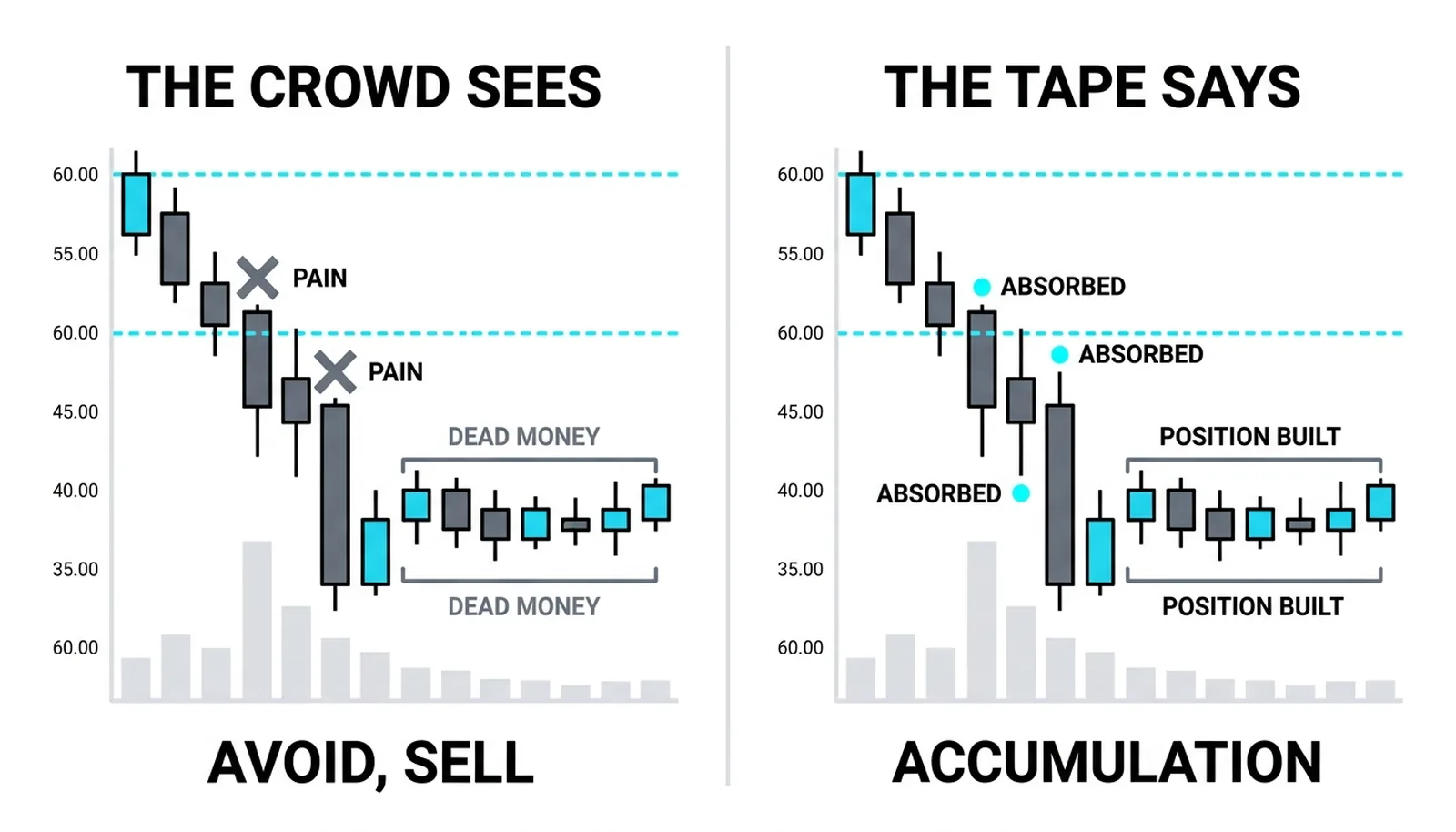 The identical chart read twice: pain and dead money against absorbed and position built