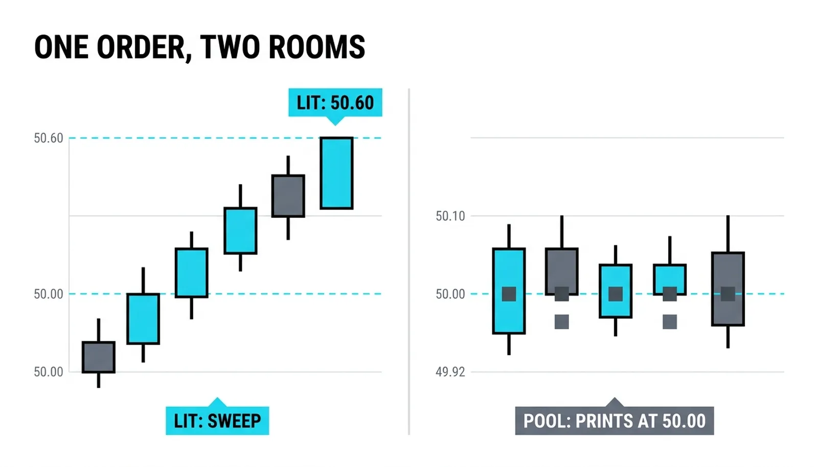 The same two-million-share order twice: a lit sweep to 50.60 versus pool prints stacked at 50.00 in a flat range