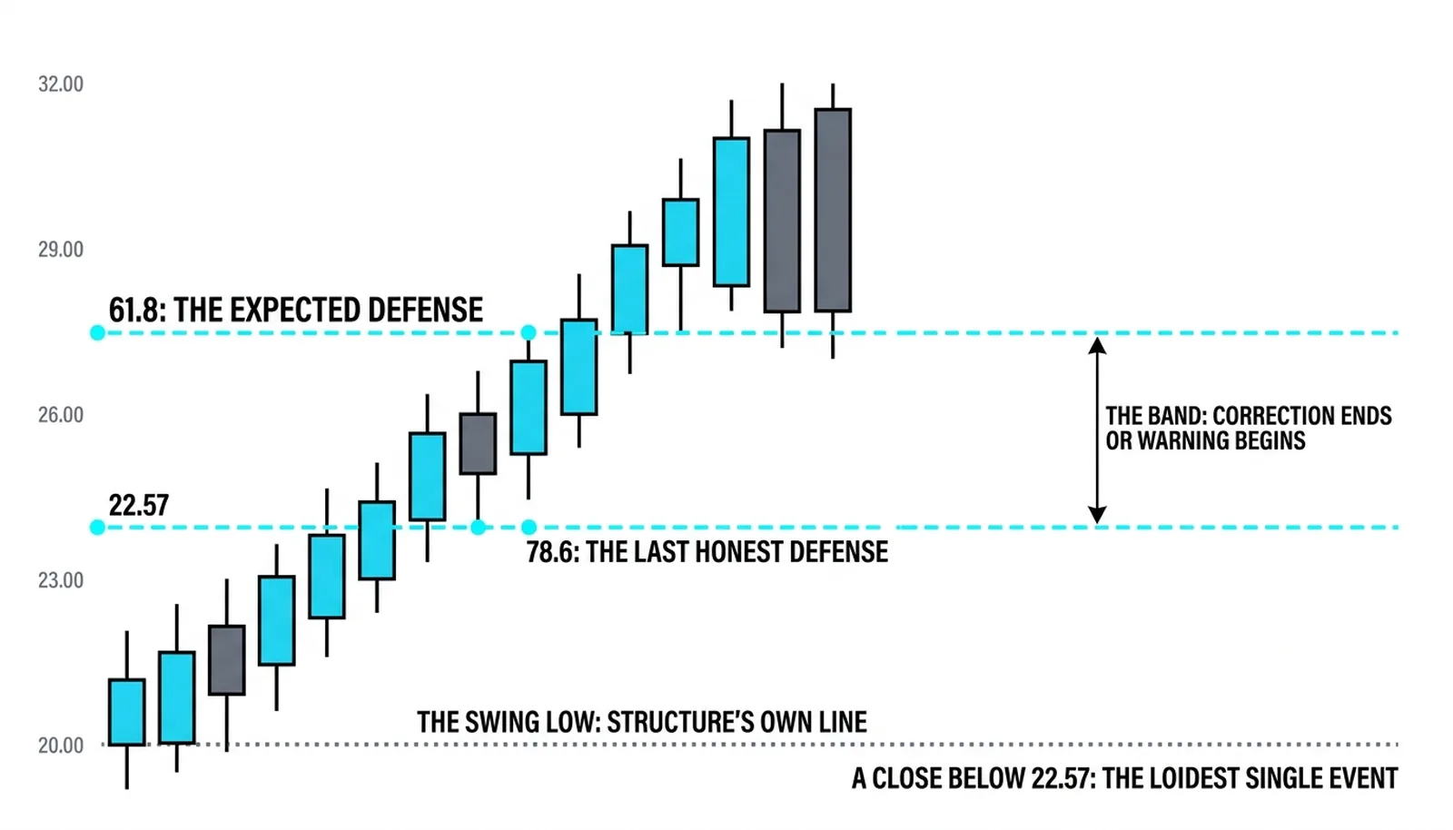 The deep band on a 20.00-to-32.00 leg: 61.8 percent expected defense at 24.58, 78.6 percent last honest defense at 22.57 and the swing low at 20.00