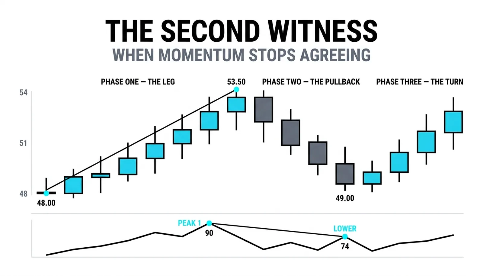 The higher price high 53.5 against the oscillator's lower peak: two witnesses disagreeing