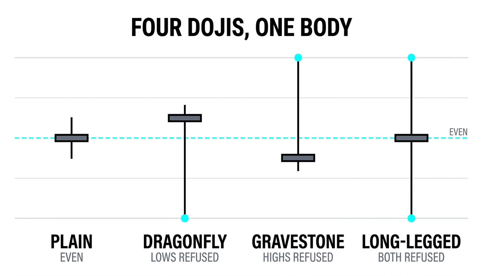 Four doji candles side by side: plain, dragonfly with a long lower wick, gravestone with a long upper wick, and long-legged