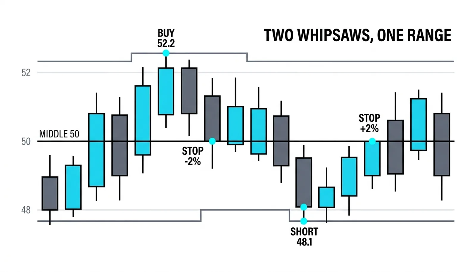 Two marginal breakouts in one range: bought 52.2 stopped at 50, shorted 48.1 stopped at 50