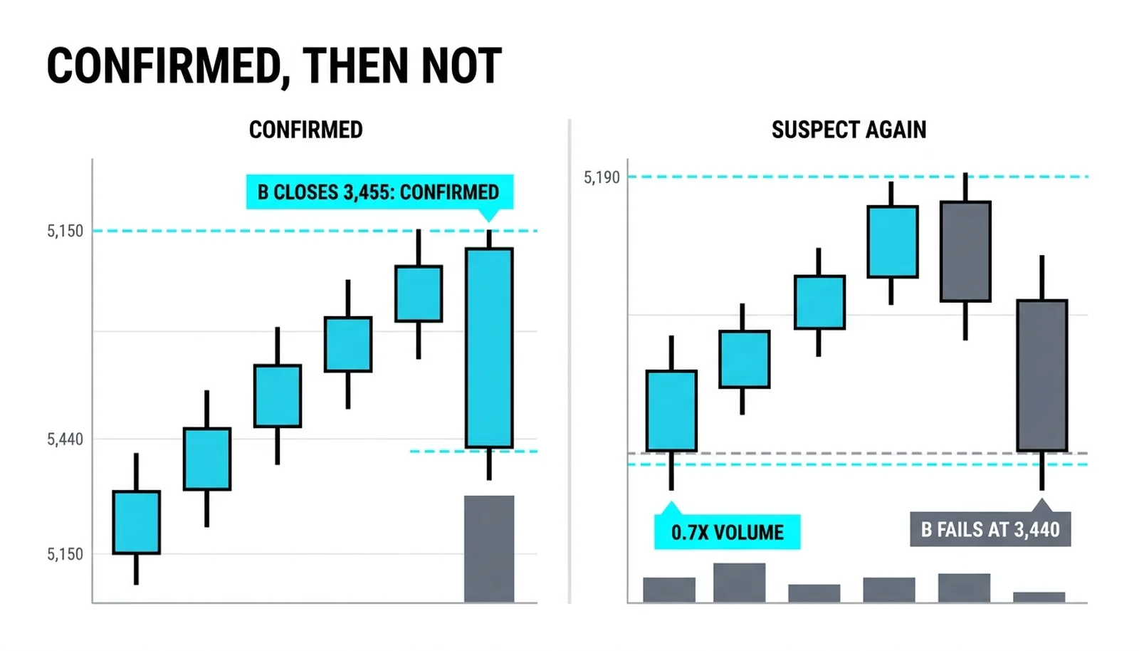 Confirmed, then not: B closes 3,455 to confirm A's 5,150 high, later A pushes 5,190 on 0.7 times volume while B fails at 3,440
