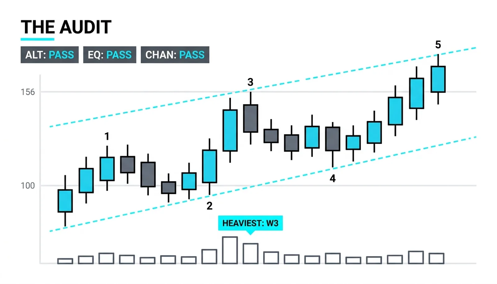 The audit on one chart: alternation, equality and channeling each checked against the 100 to 154 advance and passing