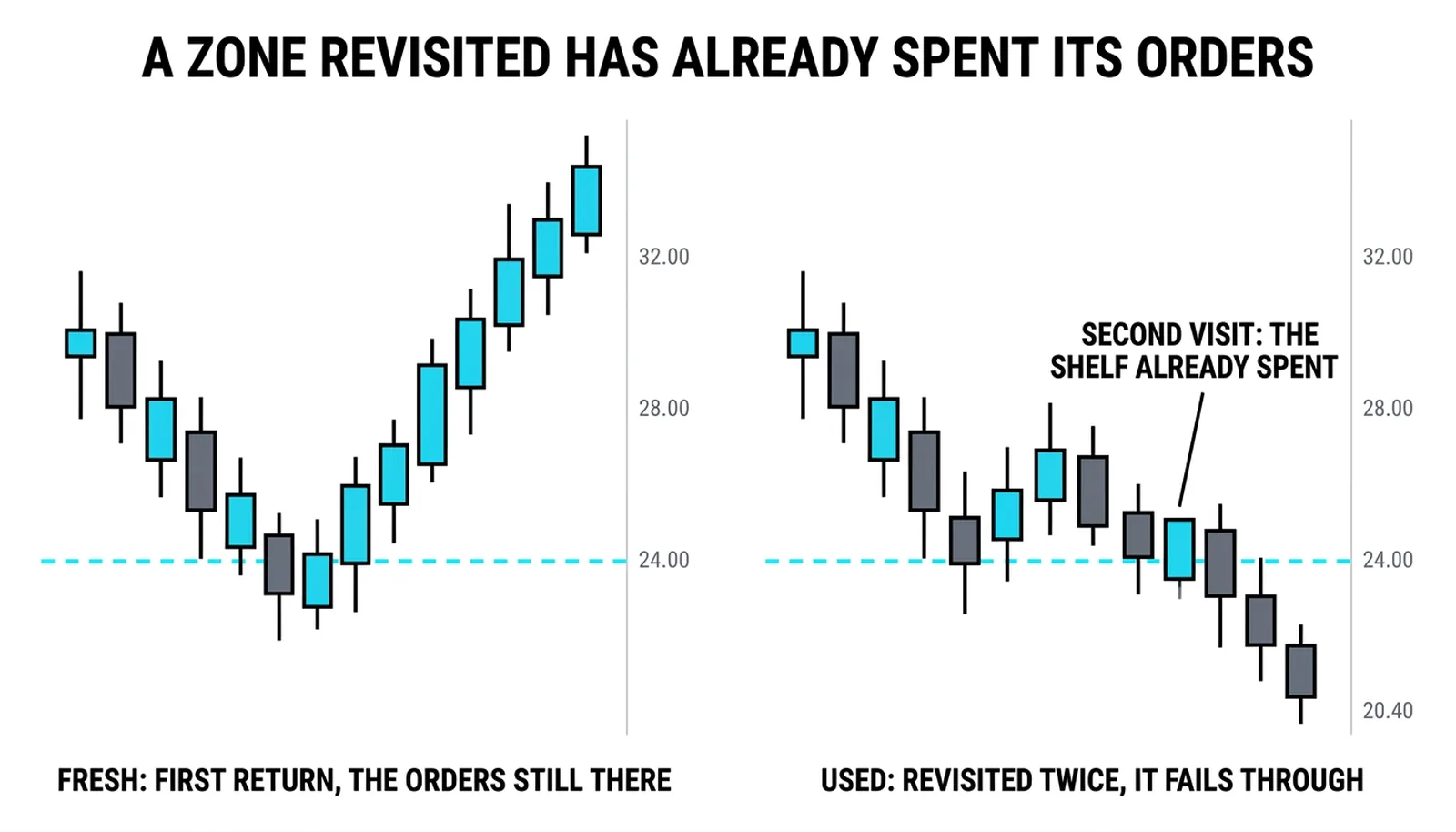 A fresh zone reacting strongly on its first return beside a used zone revisited twice and failing through