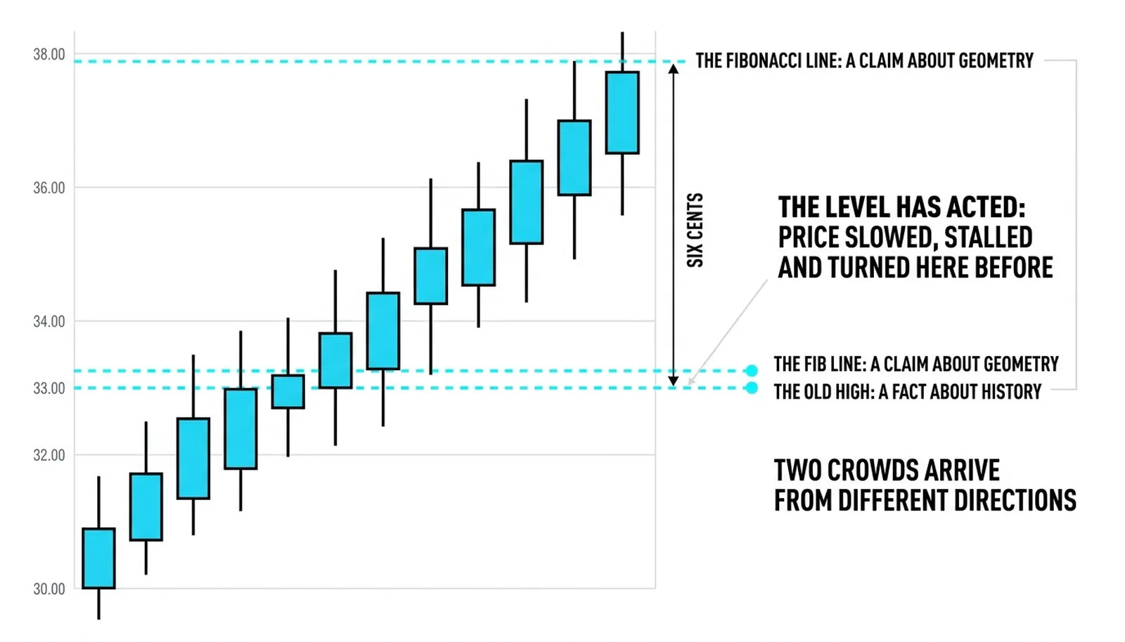 The fib line at 33.06 as a claim about geometry and the old high at 33.00 as a fact about history, six cents apart