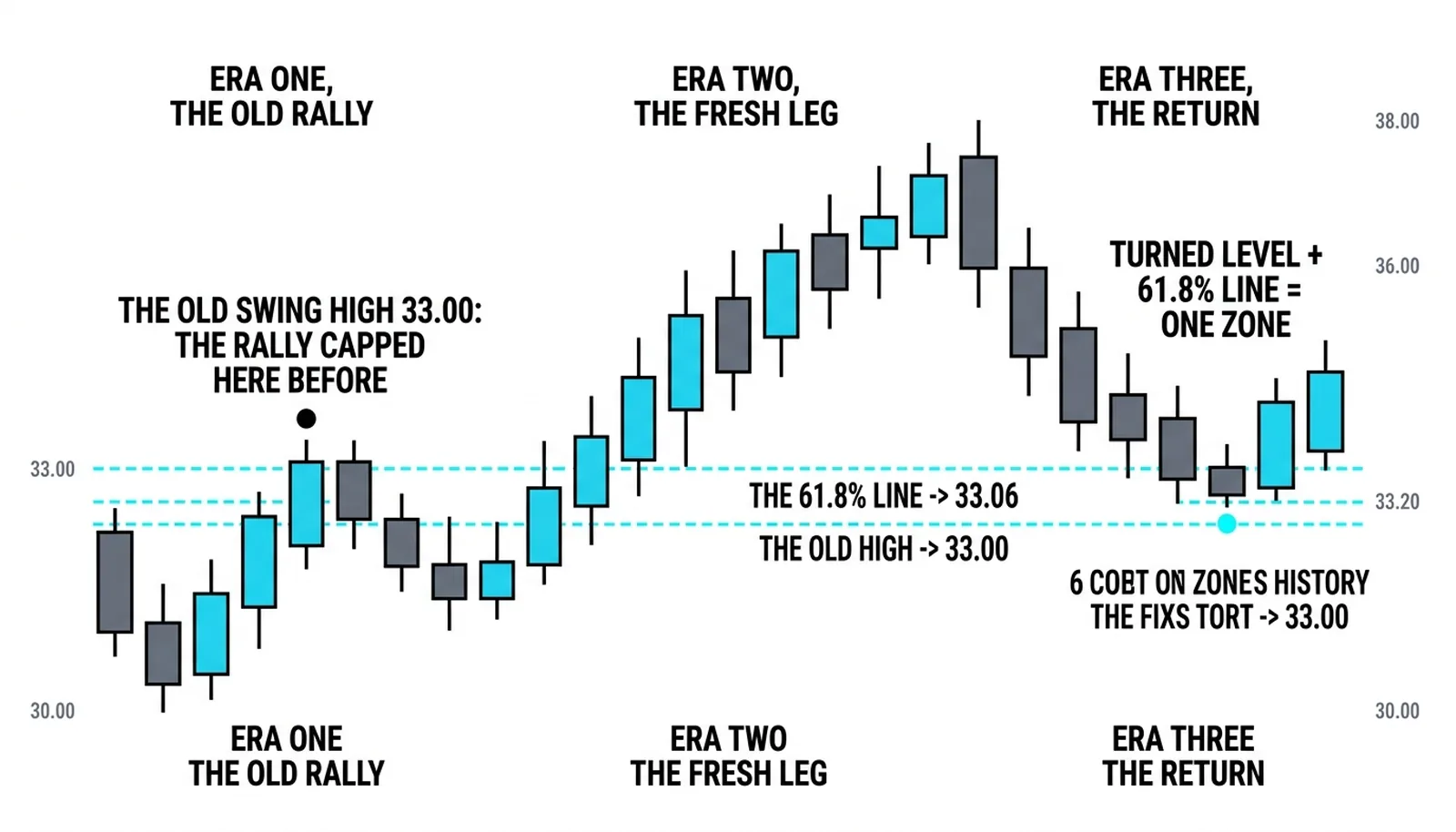 The old rally capped at 33.00 and the fresh leg's pullback returning to the same price where the 61.8 percent line sits at 33.06