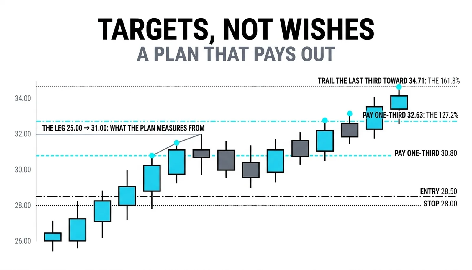 The 25.00-to-31.00 leg with the scaling plan above: one-third paid at 30.80, one-third at the 127.2 percent extension 32.63 and the last third trailed toward 34.71