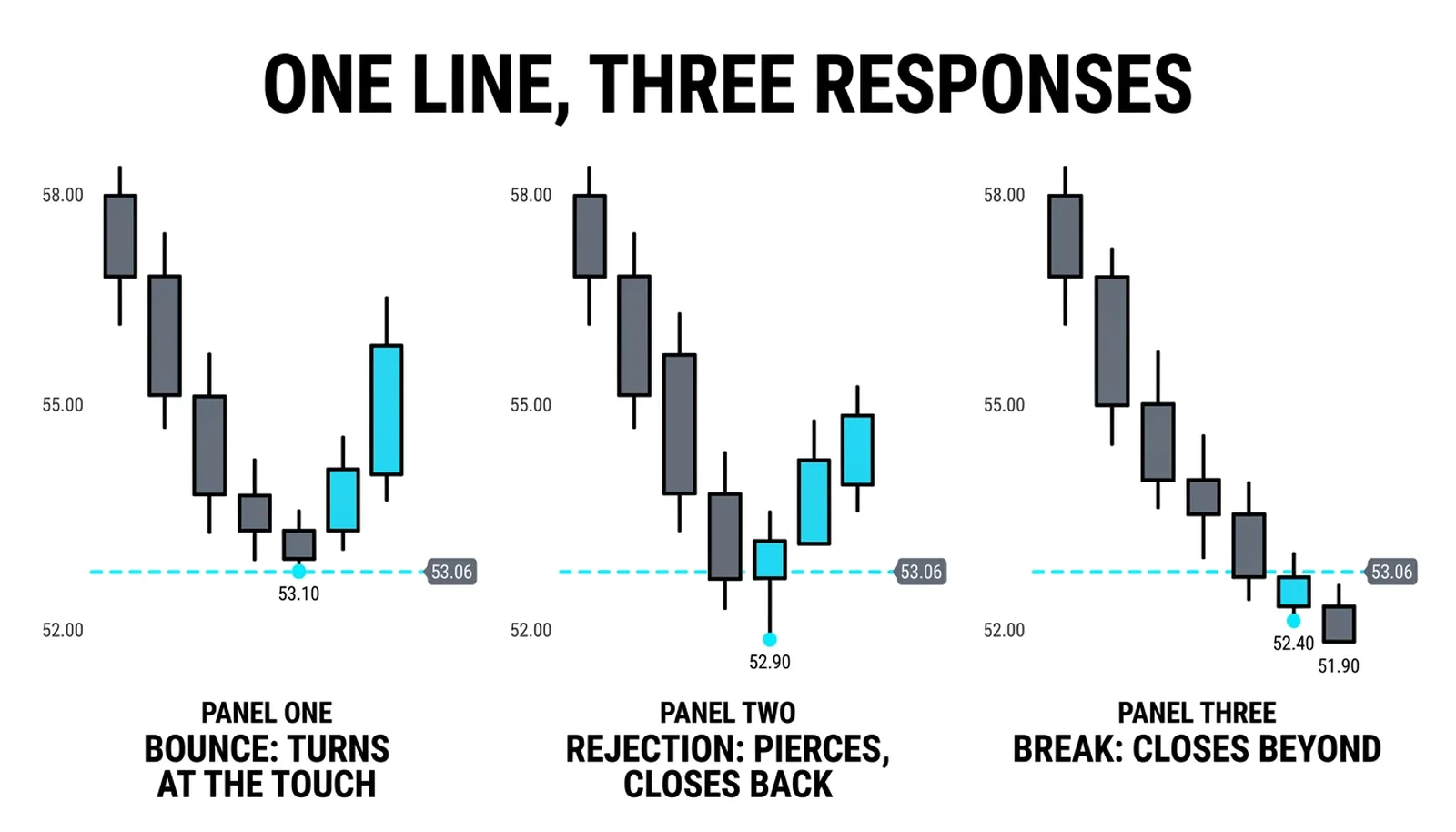 Three panels showing the bounce turning at the touch, the rejection piercing and closing back, and the break closing beyond the dashed 53.06 line