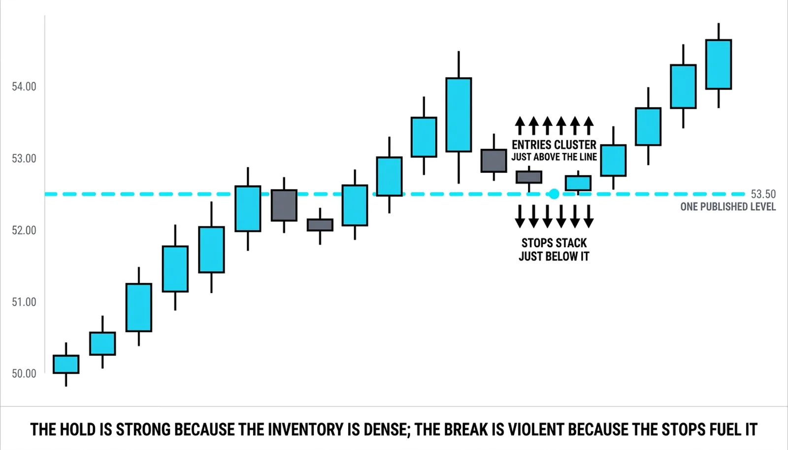 Entries clustering just above a published level line and stops stacking just below it, density on both sides