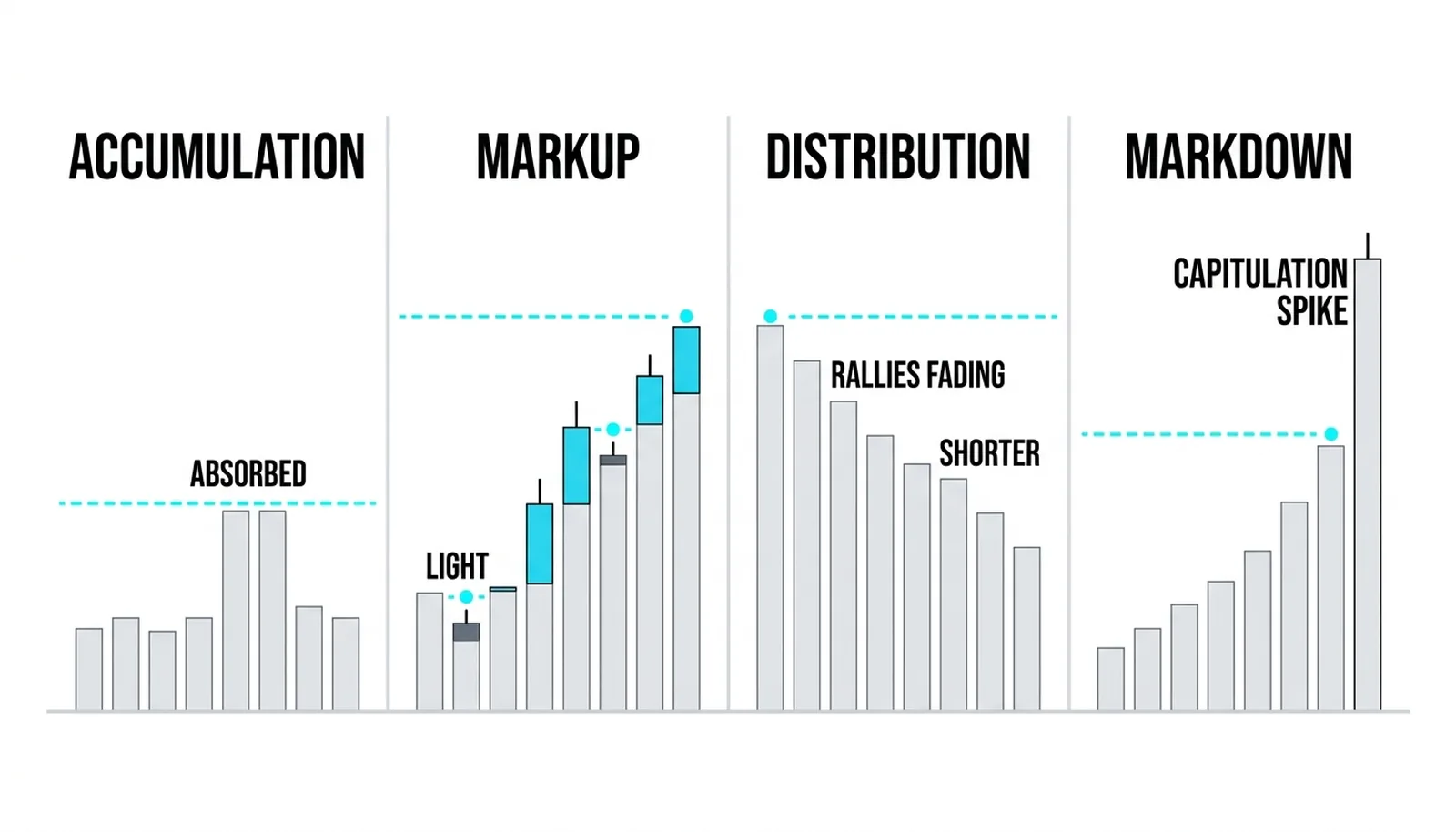 Four volume textures side by side: absorbed, expanding, fading rallies, capitulation spike