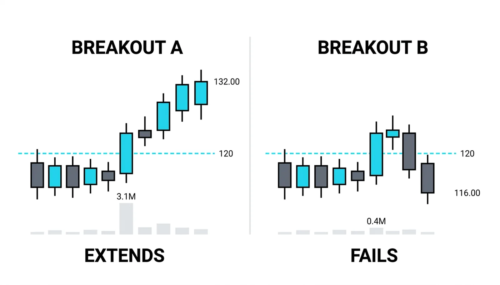 The same 120 level broken twice: A on 3.1M extends to 132, B on 0.4M fails back inside