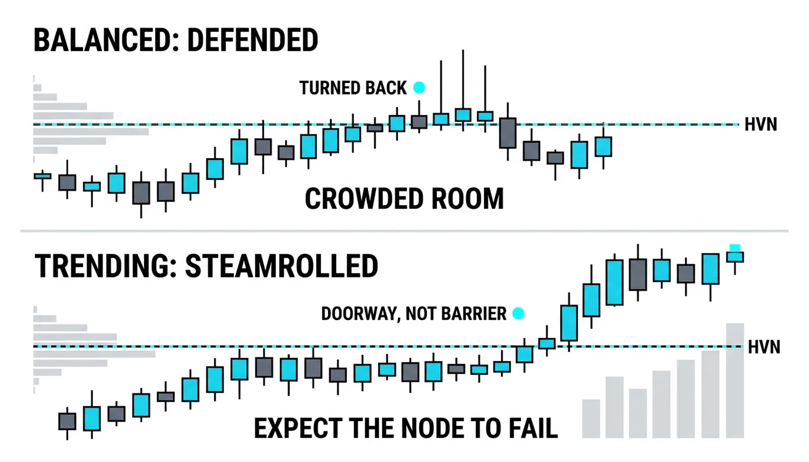 The node defended in a balanced market beside the same node steamrolled on a trend day