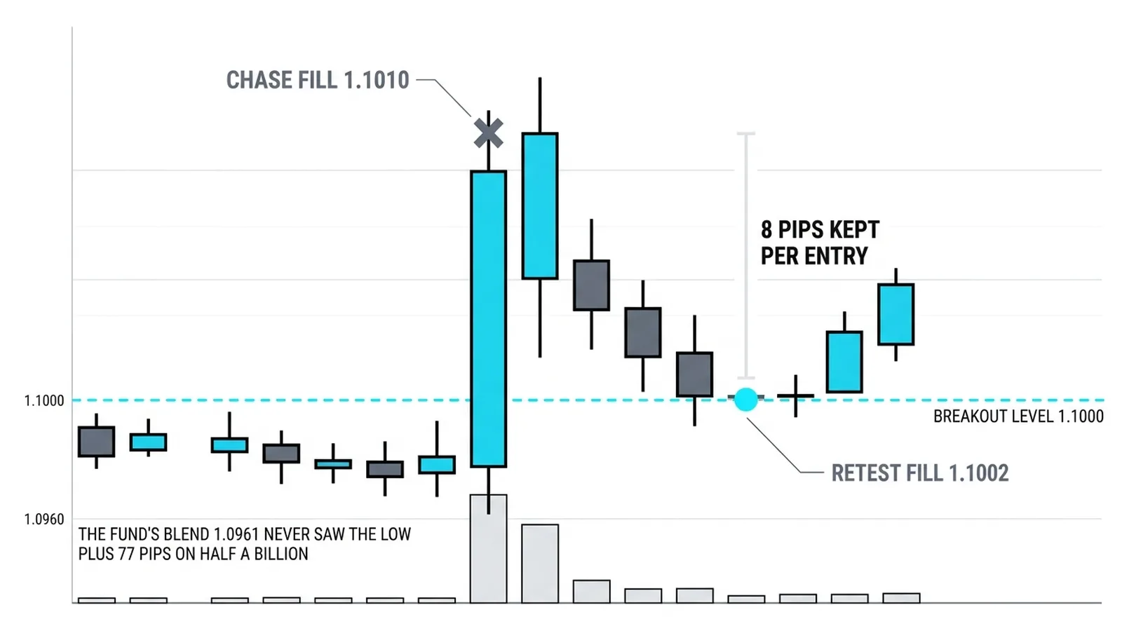 Chasing the burst fills at 1.1010, waiting for the retest fills at 1.1002, eight pips kept per entry