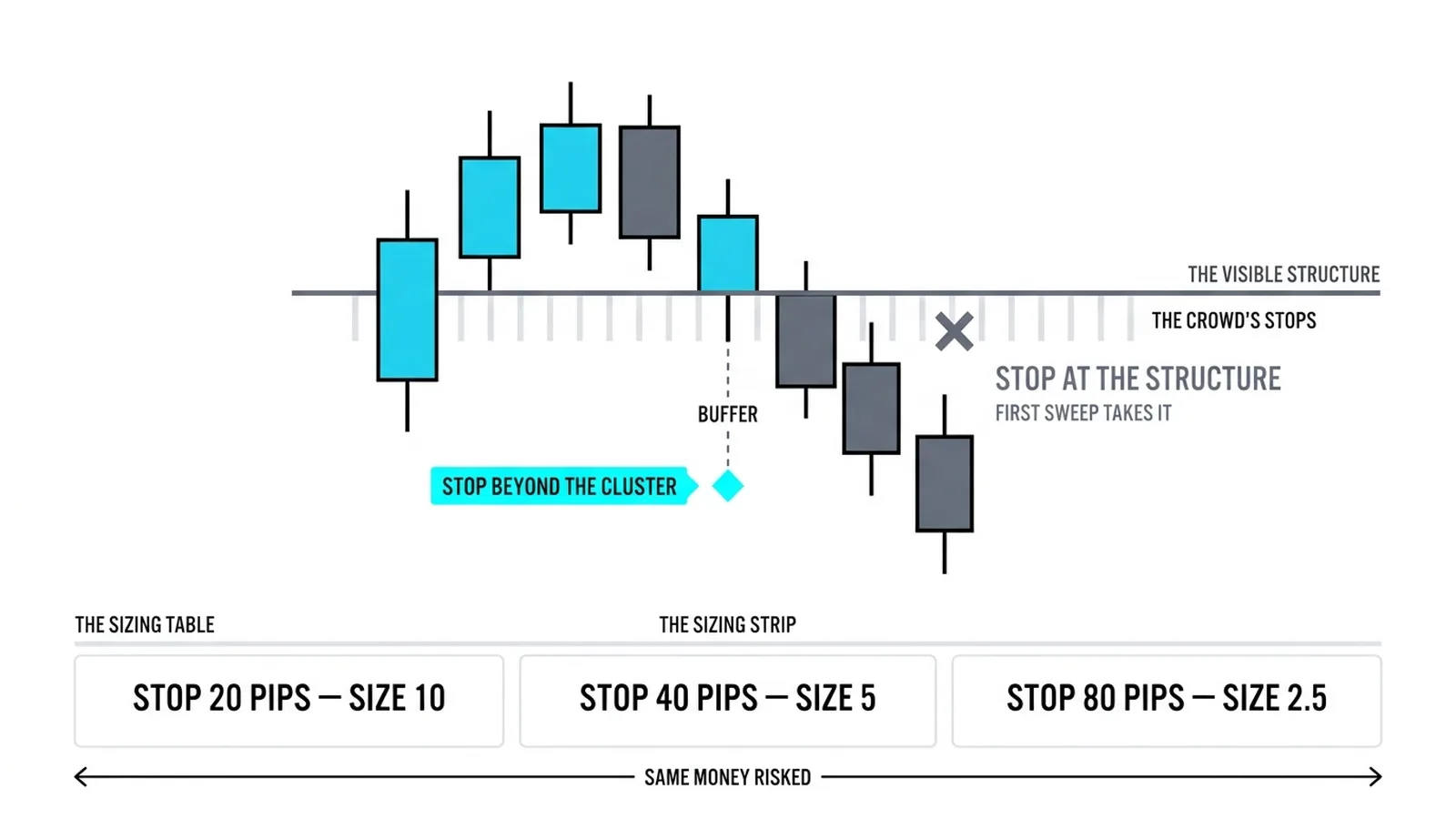The crowd's stops hug the visible structure while the disciplined stop waits beyond the cluster, and the same money risk buys smaller size at wider stops