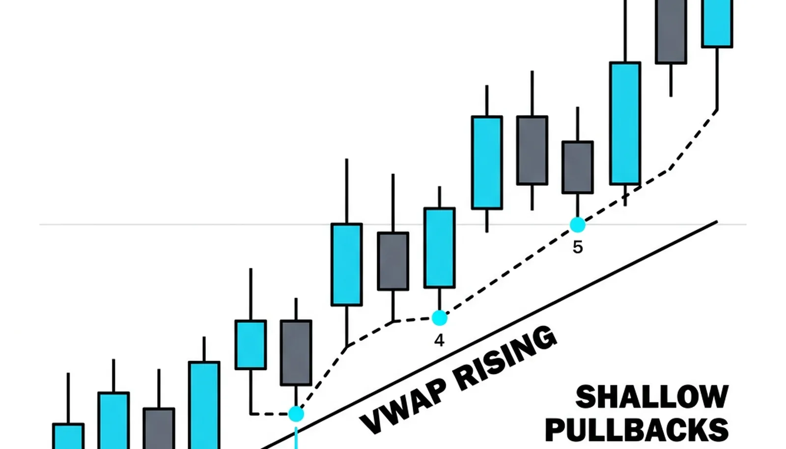 The trend day: VWAP climbs with the move and every dip into the line is bought, the line acting as a guard rail rather than a center of rotation