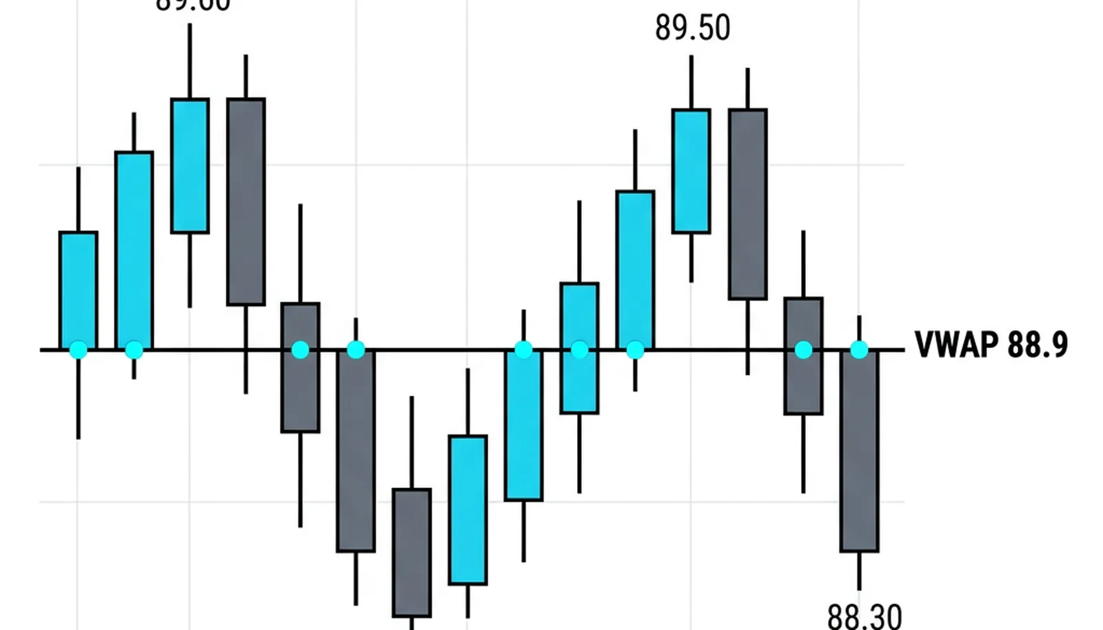 The balanced day: price swings above and below the 88.90 VWAP all session, each extension rotating back to the line like figures circling a carousel pole